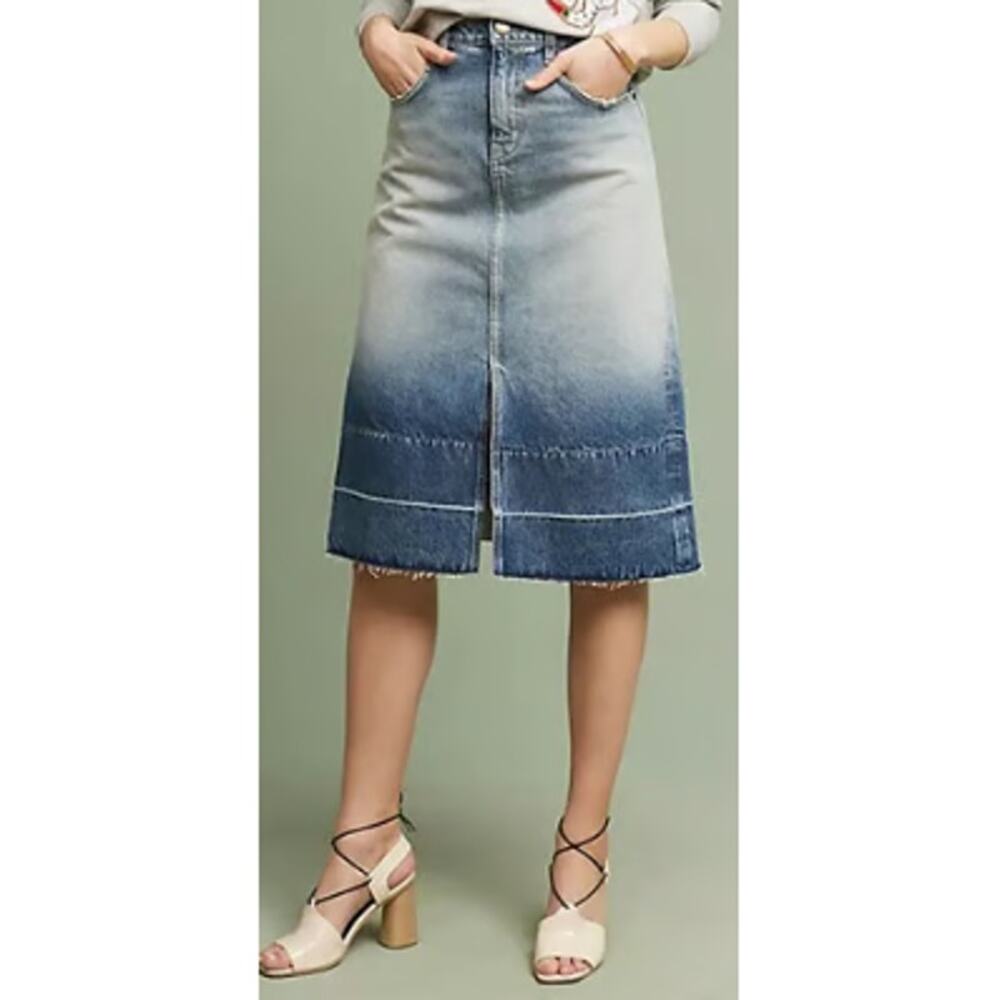 Current / Elliott Women's Blue Ombre Raw Hem Slit Denim Midi Skirt Size 26